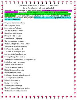 Preview of Act 4- Romeo and Juliet- Song Annotation Activity