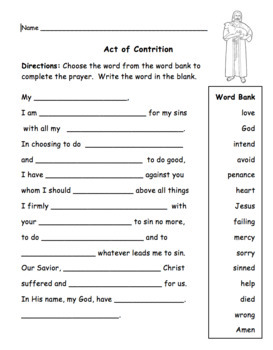 Act of Contrition Prayer Fill in the Blank Activity Updated TPT