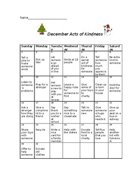 Preview of Act of Kindness Calendar