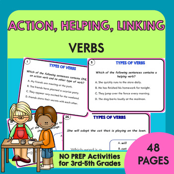 Preview of 48 Action, Helping, & Linking Verbs Task Cards | Main & Helping Verbs Activity