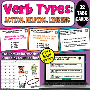 Preview of Action, Helping, & Linking Verbs Task Cards: Verb Practice for 4th and 5th