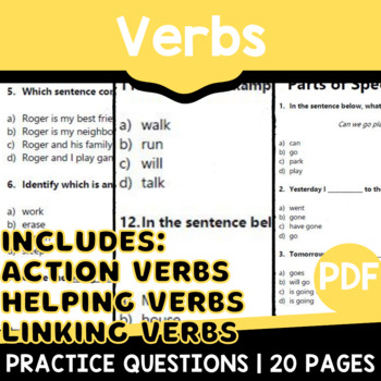 Preview of Action Helping Linking Verbs and Tenses Worksheets Grammar Practice Questions