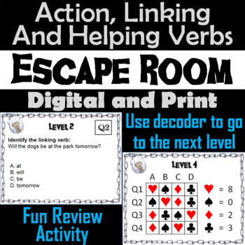 Preview of Action, Linking and Helping Verbs Activity: Escape Room Grammar Review Game