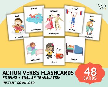 Preview of Action Verb Flashcards (48 Cards) Filipino Flashcards with English Translation