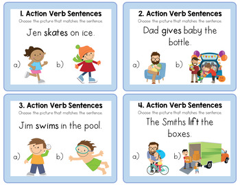 Action Verb Sentence Picture Match Task Cards by LearnersoftheWorld