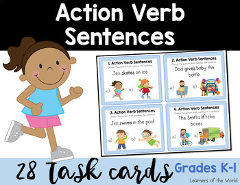 Preview of Action Verb Sentence Picture Match Task Cards