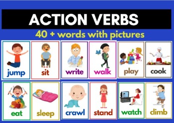 Preview of Action Verbs (40+ words with pictures) Flash cards | Bulletin Board