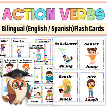 Preview of Action Verbs Bilingual (English / French) Flashcards|Action Verbs  Vocabulary