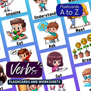 Preview of Action Verbs Alphabet Flashcards A to Z ABC Cards worksheets Cartoon Clipart