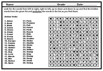 Preview of Action Verbs, Word Search Worksheet, Grammar Distance Learning