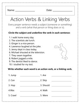 action verbs and linking verbs worksheets by homework hut