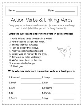Action Verbs and Linking Verbs Worksheets by Homework Hut | TpT