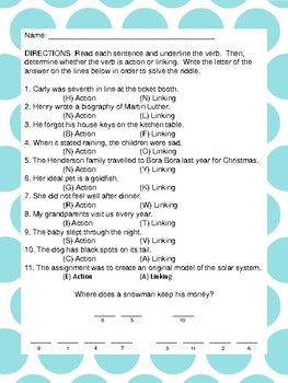 action and linking verbs practice by lynchs literacies tpt