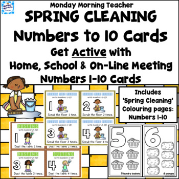 Preview of Active Distance Learning Spring Cleaning Math cards and colouring Numbers 1-10