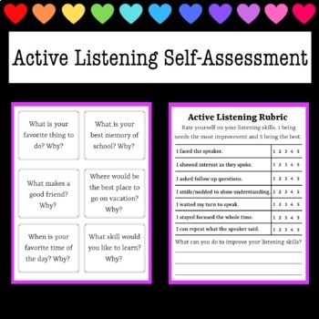 Preview of Active Listening Practice - Question Cards & Student Self-Assessment Rubric