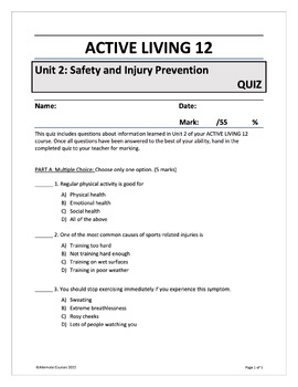 Preview of Active Living 12 Unit 2: Safety and Injury Prevention QUIZ and KEY (EDITABLE)