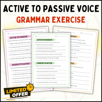 Preview of Active and passive voice | Learn English Grammar Exercise Worksheet: Editable