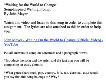 Preview of Activism - “Waiting for the World to Change” - John Mayer - Song Writing Prompt