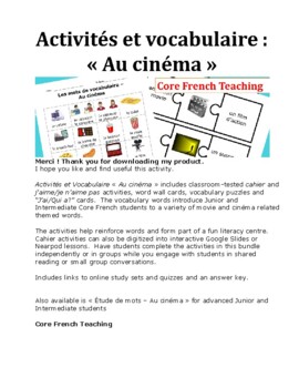 Preview of Activités et Vocabulaire « Au cinéma »