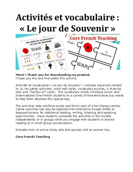 Preview of Activités et Vocabulaire « Le jour du Souvenir »