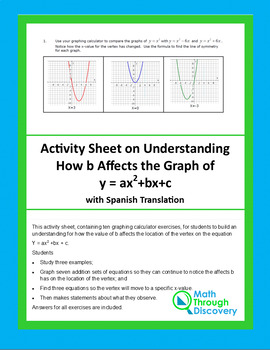 Algebra 1 Activity Sheet Understanding How B Affects The Graph Of Y Ax 2 Bx C