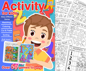 Preview of Activity games sheet for kids, Maze games, Dot to dot, Coloring.