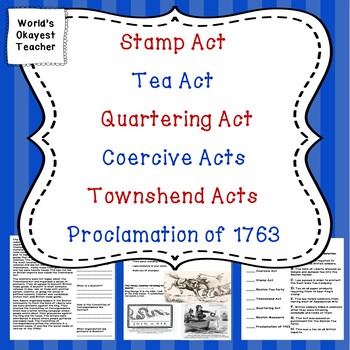 Preview of Acts and Taxes: Stamp Act, Tea Act, Coercive Act, Proclamation of 1763 and More!