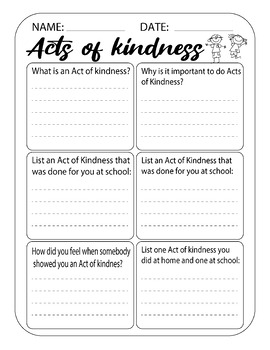 Acts of Kindness Writing Worksheet by Grazzianito School | TPT