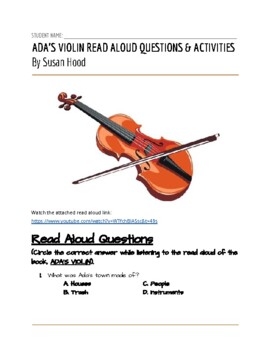 Preview of Ada's Violin Read Aloud Questions & DIY Instrument Project Worksheets