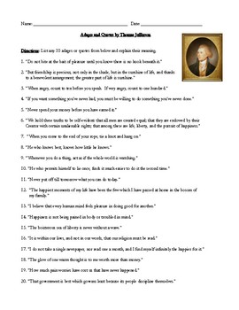 Preview of Thomas Jefferson: His Famous Adages and Quotes Worksheet (or Test) Analysis