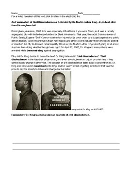 Preview of MLK's Letter fr Birmingham Jail: Guide and Adapted Excerpt on Civil Disobedience