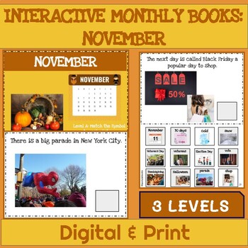 Preview of Adapted Interactive Monthly Books WH Questions & Realistic Images: November