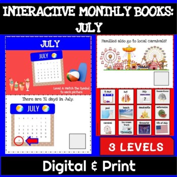 Preview of Adapted Interactive Monthly Books with WH Questions & Realistic Images: July