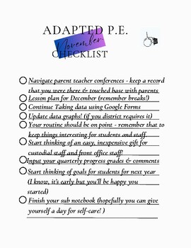 Preview of Adapted PE November CHECKLIST