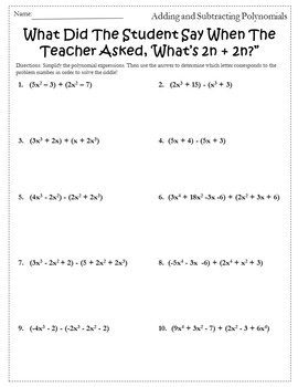 polynomials addition and subtraction worksheet answers