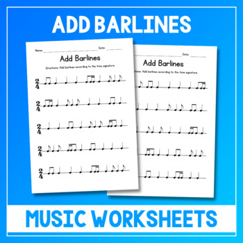 Preview of Add Barlines Music Worksheets - Time Signature Practice - Meter 2/4 - Test Prep