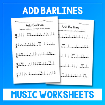 Preview of Add Barlines Music Worksheets - Time Signature Practice - Meter 3/4 - Test Prep