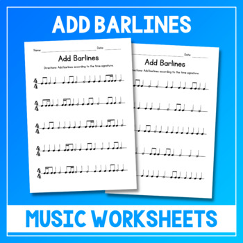 Preview of Add Barlines Music Worksheets - Time Signature Practice - Meter 4/4 - Test Prep
