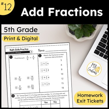 Preview of Adding Fractions Worksheet & Slideshow L12 5th Grade iReady Math Exit Tickets
