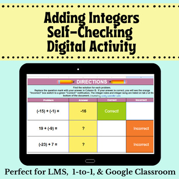 Preview of Add Integers Digital Self Checking Activity_6th Grade Math_7th Grade Math