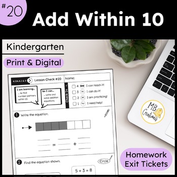 Preview of Adding Numbers up to Ten Worksheets L20 Kindergarten iReady Math Exit Tickets