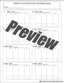 Preview of Add/Subtract 3&4-digit numbers with & without regrouping with place value charts