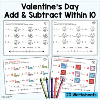 BUNDLE Addition and Subtraction Worksheets Within 10 and 20 by Carla Hoff