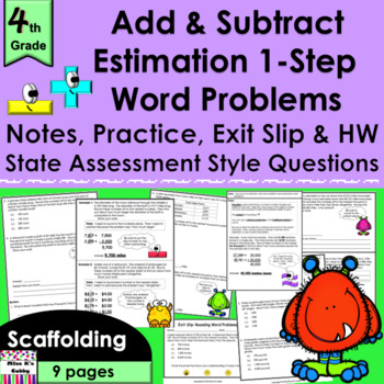 Preview of Add Subtract & Estimate 1-Step Word Problems notes, CCLS practice, exit slip, HW