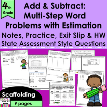 Preview of Add Subtract & Estimate Multi-Step Word Problems notes, practice, exit slip, HW