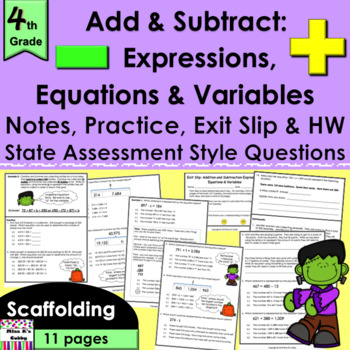 Preview of Add & Subtract Expressions, Equations, Variables notes, practice, exit slip & HW