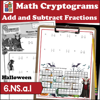 Preview of Add & Subtract Fractions | Halloween | Cryptogram Puzzle | 6th Grade Math