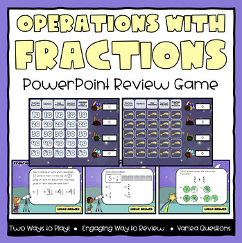 Preview of Add & Subtract Fractions Jeopardy Math Review Game - Fourth Grade