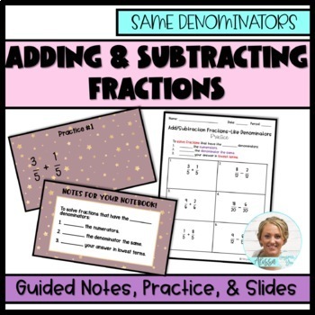 Preview of Add/Subtract Fractions Like Denominators | Guided Notes & Teacher Slides