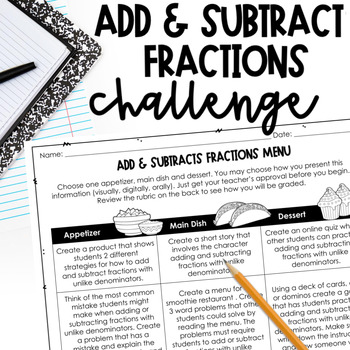 Preview of Add & Subtract Fractions Menu for Gifted Students AIG Enrichment